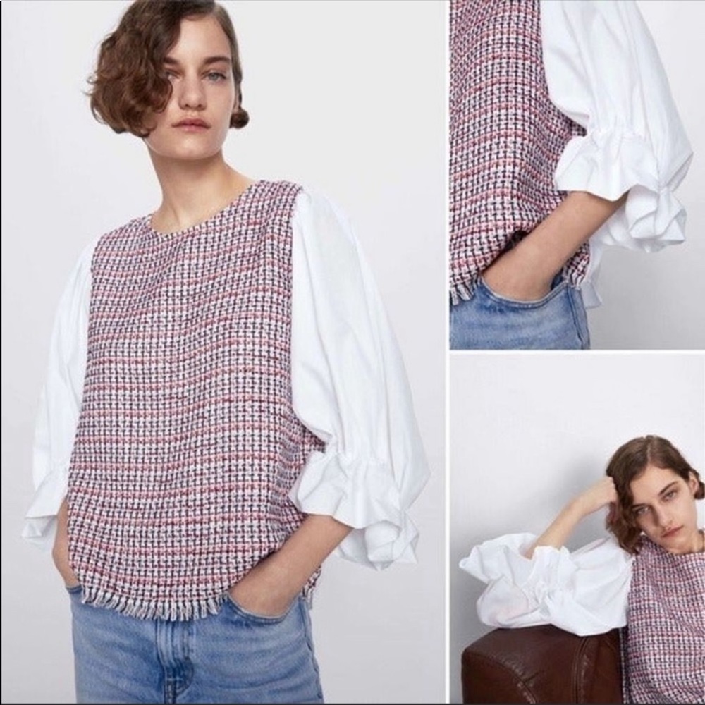 Zara Red Contrasting Tweed Shirt - Picture 2 of 7